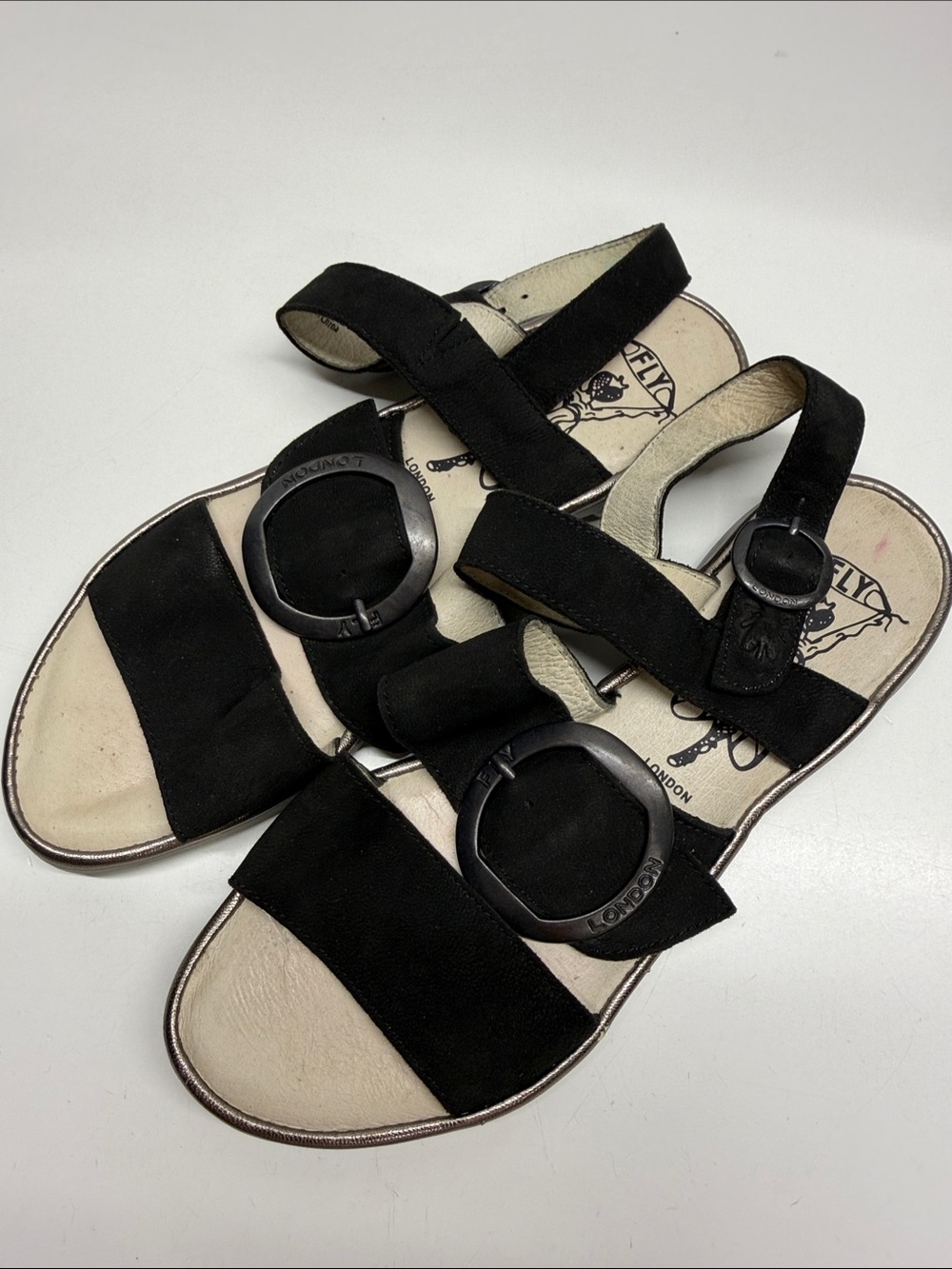 Fly London Codo Sandals Leather Suede Open Toe Strappy Ankle Strap Black Size 39 - Picture 3 of 7